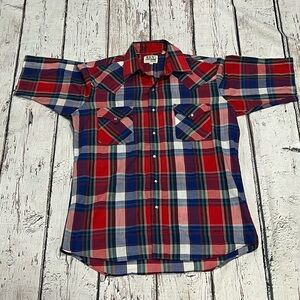 Vintage Ely Cattleman Plaid Shortsleeve Western Button Up Rockabilly Shirt
